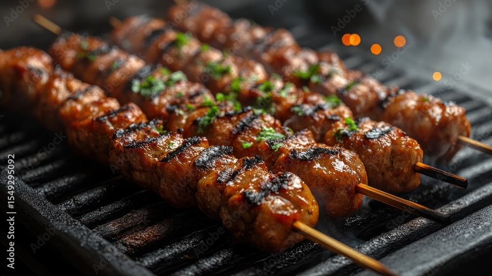 Delicious Grilled Meat Skewers Cooked on a Barbecue Grill for a Summer Picnic Delicious Grilled Meat Skewers Cooked on a Barbecue Grill for a Summer Picnic