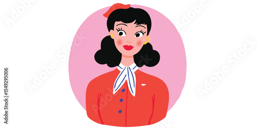 A retro-style stewardess in a bold red uniform, her image radiating vintage charm and the grace of air travel. Her outfit is punctuated with a scarf.