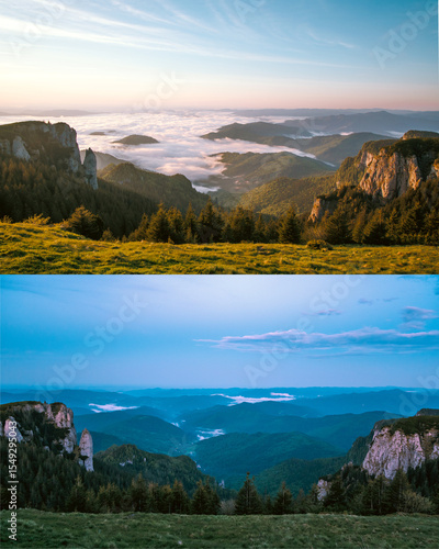 Collage of two photos from the same angle, one taken in the morning at sunrise, the other in the evening after sunset. Day and night concept. Ceahlau National Park Romania view from top.