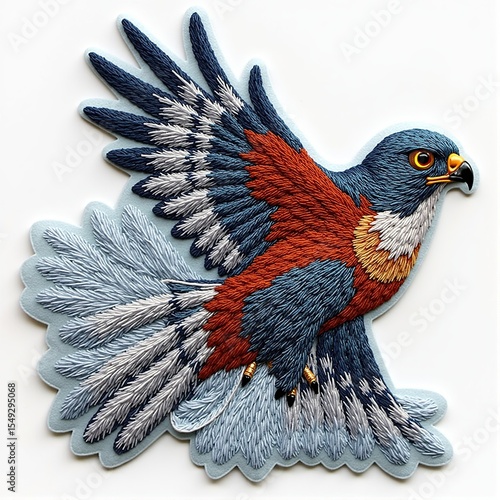 Majestic bird of prey soars with intricately detailed feathers in a vivid, textile art style.