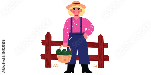 A farmer with a basket stands confidently by a wooden fence, embodying the simplicity of rural life and agricultural prosperity.