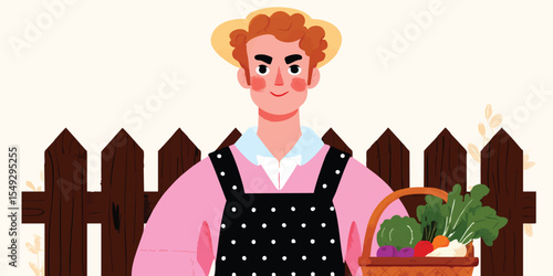 A diligent farmer holds a basket of freshly harvested produce, his straw hat casting a shadow as he stands proudly in front of a rustic wooden fence.