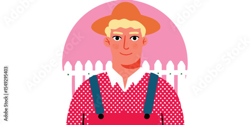 An illustrated farmer, radiant with the vibrancy of the rural life, embodies the essence of a rural landscape. Embracing simplicity, he reflects the honest values of rural life.