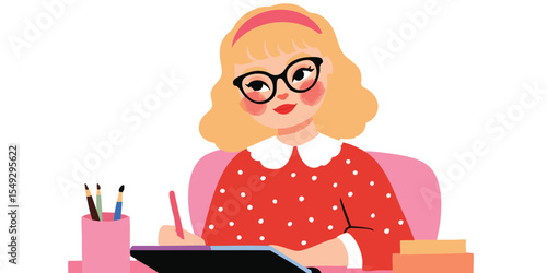 A stylish, creative woman, glasses perched on her nose, engrossed in the creative process at her desk, filled with inspiration.