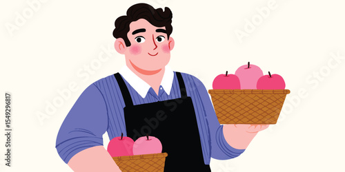 Happy farmer holding two baskets of fresh apples.
