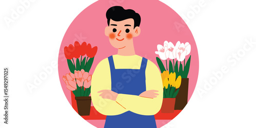 A cheerful florist stands confidently in his flower shop, surrounded by vibrant blooms. The portrait captures the passion for nature.