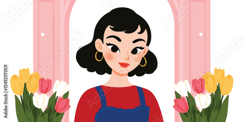 A vibrant illustration of a woman standing beside a beautiful bouquet of colorful tulips, infusing the scene with a sense of natural beauty.