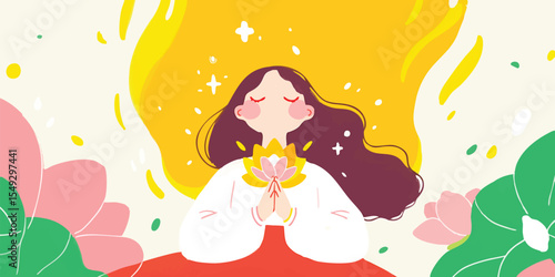 A serene illustration of a girl finds her peace, she embraces the lotus flower and closed her eyes with peaceful mind.