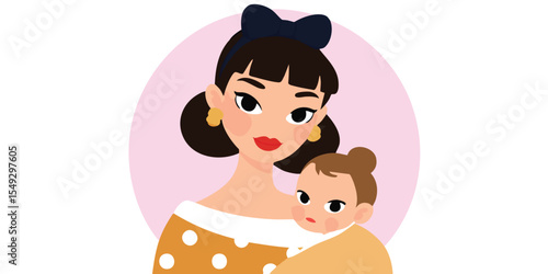 A heartwarming depiction of a mother tenderly cradling her baby. This illustration beautifully captures the bond of motherhood and the tender care of a baby.