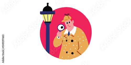 A cartoon detective, dressed in classic attire, peers intently through a magnifying glass under the soft glow of a lamp post, embodying the spirit of investigation and solving mysteries.