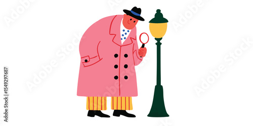 A stylized illustration of a detective in a pink coat using a magnifying glass to investigate a lamppost. The image is full of retro charm.