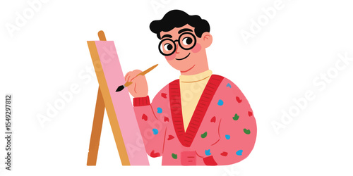 A painter finds inspiration and expression with canvas and brush, capturing creative vision and dedication.