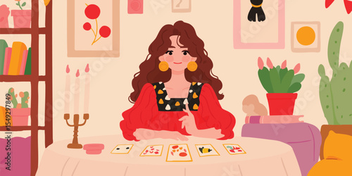 A mystical woman dressed in vibrant attire, immersed in a tarot card reading, evokes a sense of curiosity and wonder. The scene, filled with ambient lighting, suggests introspection.