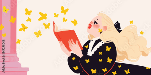 A woman in an illustrated style reads a book amidst a swarm of butterflies. Her expression is dreamy and contemplative, surrounded by a world of fantasy.