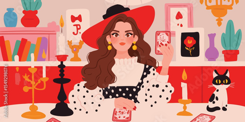 A stylish woman with a red hat holds tarot cards. She is sat a desk, the room is vibrant with candles, artwork, and a charming black and white cat.