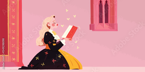 A young woman in a historical-style dress is kneeling, engrossed in a book. Butterflies flutter around her, adding a magical touch to the scene.