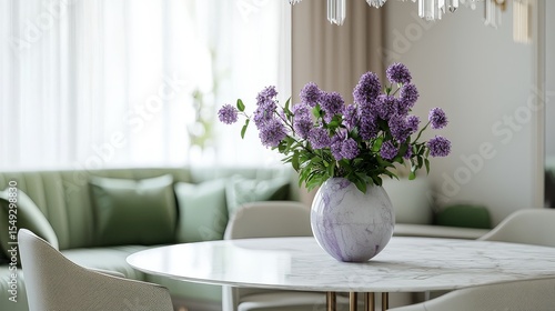 Round marble dining table with modern chairs, elegant vase with purple flowers, light green cushioned bench sofa, white walls, large window, and chandelier in bright natural light