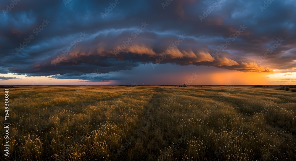 Dramatic Sunset Over Golden Prairie, Massive Storm Clouds Dramatic Sunset Over Golden Prairie, Massive Storm Clouds