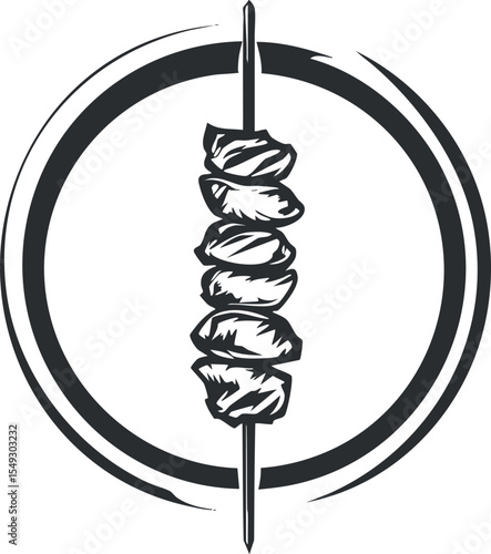 Black and white illustration of grilled meat kebab on a skewer with circular decorative frame