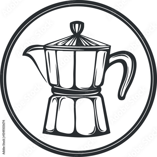 Black and white illustration of a moka pot coffee maker inside a circular frame, symbolizing stovetop espresso brewing.