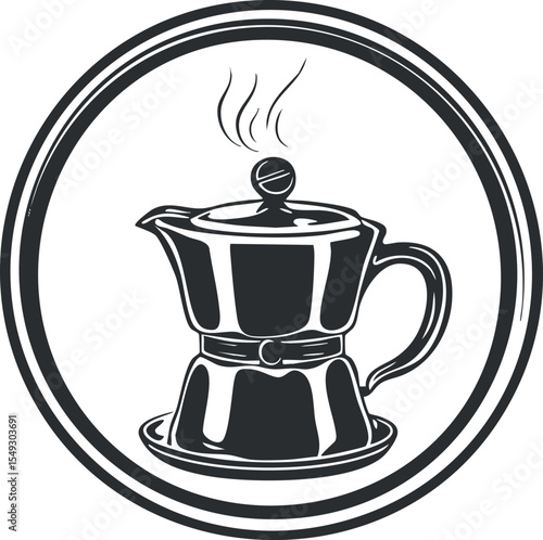 Black and white stylized illustration of a steaming moka pot coffee maker in a circular frame