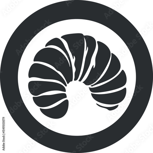 Black and white silhouette of a croissant pastry icon isolated on a circular background