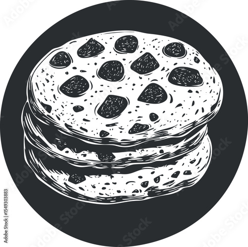 Black and white illustration of a round chocolate chip cookie with visible chocolate pieces and crumbly texture