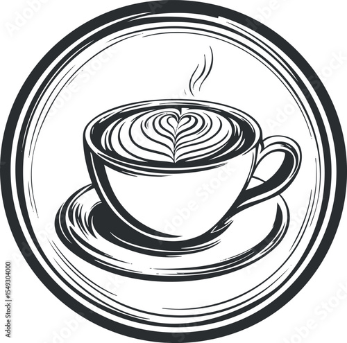Black and white illustration of a coffee cup with latte art heart on a saucer with steam rising