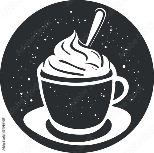 Stylized black and white icon of a coffee cup with whipped cream on a saucer and spoon