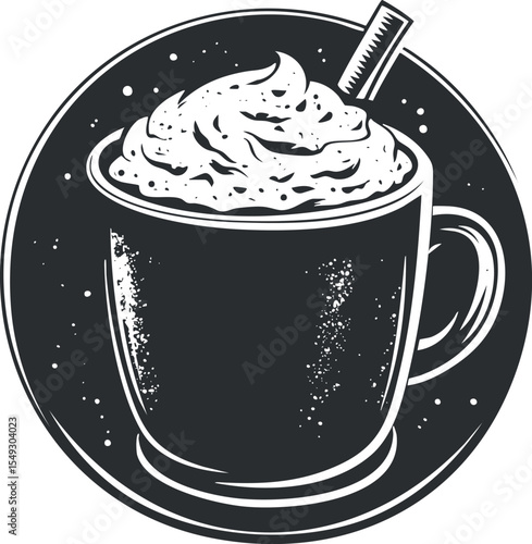 Black and white illustration of a coffee mug topped with whipped cream and a straw on a round plate