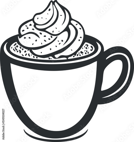 Black and white illustration of a coffee cup filled with whipped cream on top, simple line art style