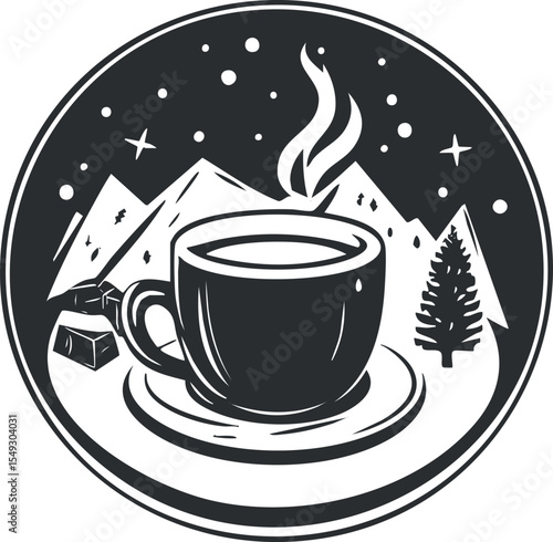 Black and white illustration of a steaming coffee cup with mountains, stars, and a cabin in the background symbolizing nature and relaxation
