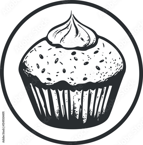 Black and white illustration of a cupcake with frosting inside a circular frame isolated on white background
