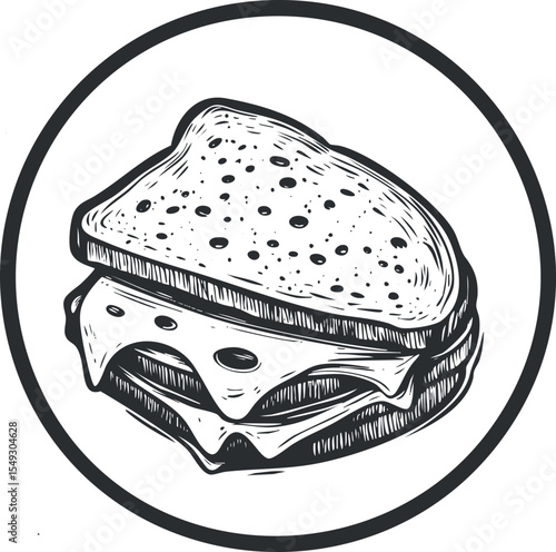 Black and white hand-drawn illustration of a sandwich with melted cheese and toasted bread inside a circle frame