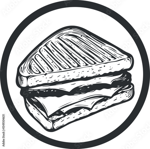 Black and white hand drawn illustration of a grilled cheese sandwich with toasted bread in a round frame icon style