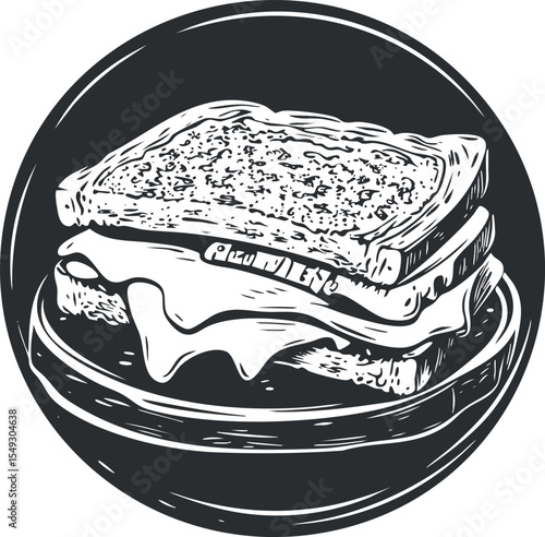 Black and white illustration of a grilled cheese sandwich with melted cheese on toasted bread