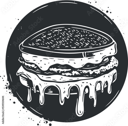 Black and white illustration of a melting cheese sandwich on toasted bread with dripping cheese