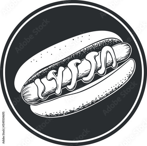 Black and white illustration of a hotdog with mustard and ketchup inside a round icon