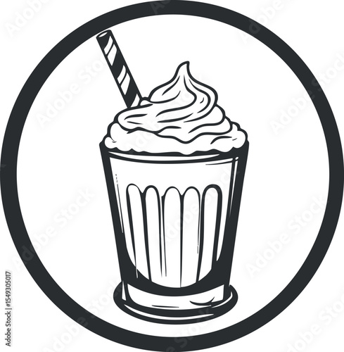 Black and white illustration of a milkshake with whipped cream and a striped straw in a glass