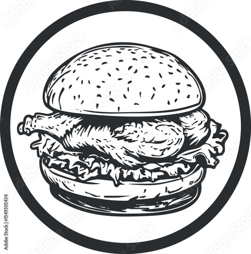 Black and white illustration of a grilled chicken sandwich with lettuce and sesame seed bun