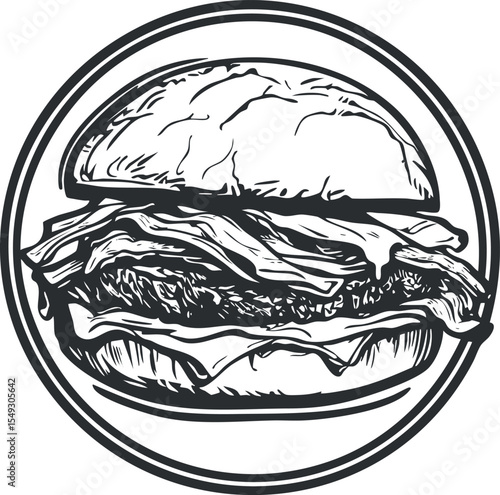 Black and white illustration of a classic bacon cheeseburger with beef patty and bun in circle frame