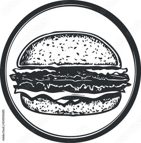Black and white hand-drawn illustration of a classic burger with lettuce and cheese inside a bun