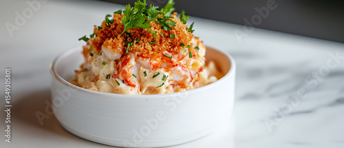 Fototapeta Naklejka Na Ścianę i Meble -  Creamy Lobster Mac and Cheese Topped with Crispy Breadcrumbs and Fresh Herbs