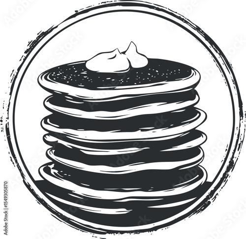 Black and white illustration of a stack of pancakes topped with butter inside a circular frame