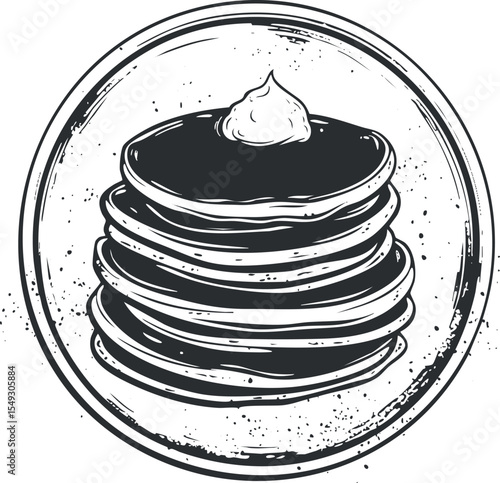 Black and white illustration of a stack of pancakes with cream on a plate, breakfast food concept.
