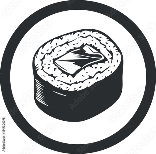 Black and white illustration of a single sushi maki roll with fish center on a round plate