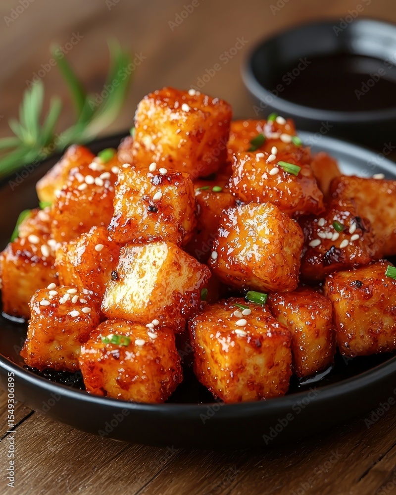 Crispy, golden-brown, cubed food, glazed with a sweet, savory sauce, topped with sesame seeds and green onions, on a dark plate Crispy, golden-brown, cubed food, glazed with a sweet, savory sauce, topped with sesame seeds and green onions, on a dark plate