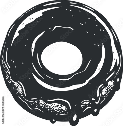 Black and white illustration of a glazed donut with drip effect and textured surface