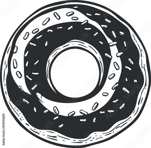 Black and white illustration of a donut with sprinkles and glaze shown from top view