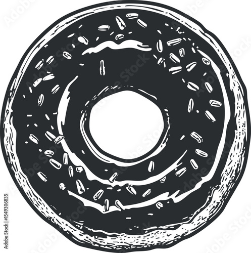 Black and white illustration of a round donut with glaze and sprinkles isolated on white background